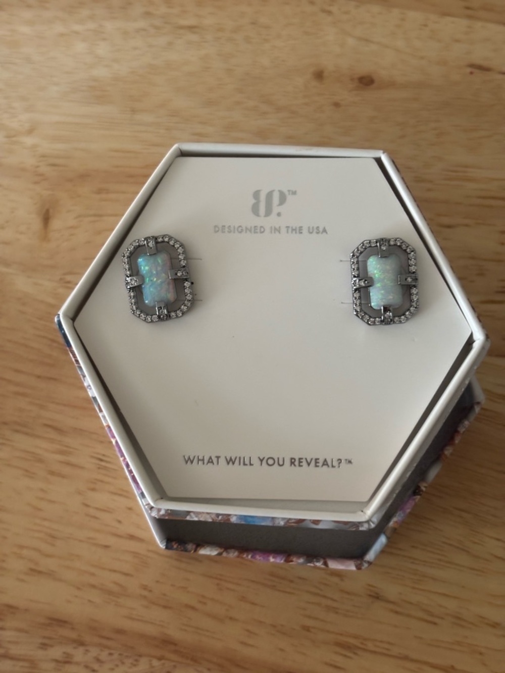 Opal Halo Stud Earrings in Iridescent Blue-Green - Picture 2 of 3